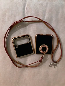 Avec Style Étui pour Téléphone Portable Noir Or Samsung FLIPP3 Bandoulière Cuir - Photo 1 sur 8