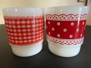 Vintage Fire King Anchor Hocking Red Polka Dots  Lace Woven Plaid Coffee Mugs - Picture 1 of 19