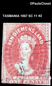 TASMANIA 1867 SC 11 QUEEN VICTORIA 1p CARMINE USED NO GUM IMPF F/VF #2 - Picture 1 of 2