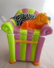 Ceramic Trinket Box Candy Box Hound Dog in Chair 7" X 4" Purple Green Stripe