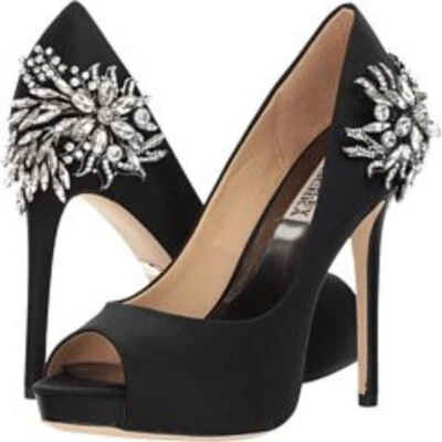 Badgley Mischka Black Satin Marcia Embellished Peep Toe Pumps Size 7 - Image 1 of 4