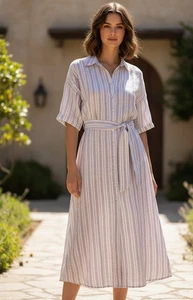 Magaschoni Linen Dress Size S  A-Line belted dress striped multicolor sundress - Picture 1 of 7