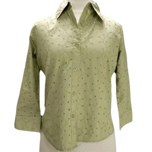 Once Again Womens PM Top Green Floral Eyelet Embroidered 3/4 Sleeve Button Front - Picture 1 of 6