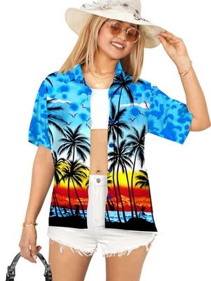 LA LEELA Hawaiian Shirts Womens Casual Beach Party L Palm Tree View, Lake Blue - Image 1 of 3