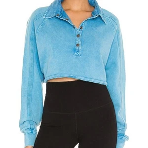 Free People Movement Vintage Wash Blue Crop Raw Hem Snap Button Pullover Medium - Picture 1 of 8