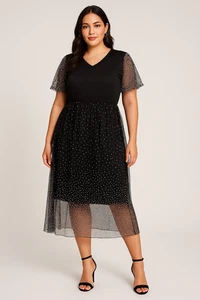 SHEIN Midikleid Übergröße schwarz XL Netz gepunktet Overlay V-Ausschnitt Party - Bild 1 von 7