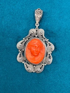 Antiker viktorianischer Sterlingsilber Koralle Anhänger Kamee Dame filigran 1 7/8" - Bild 1 von 10