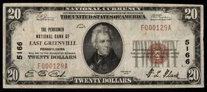 CHARTER #5166 1929 $20 PERKIOMEN NB OF EAST GREENVILLE PA - Picture 1 of 3