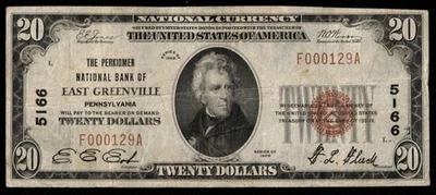 CHARTER #5166 1929 $20 PERKIOMEN NB OF EAST GREENVILLE PA - Image 1 of 3