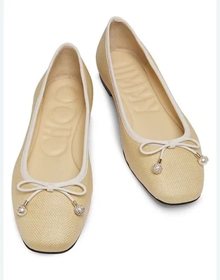 Zapatos planos Jimmy Choo Elme de rafia adornados con perlas y cristales para mujer talla 8 EE. UU./38EU Foto 1 de 4