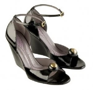 Anya Hindmarch Jacinta Black patent leather wedge open toe strap 38 7.5 ITALY - Picture 1 of 6