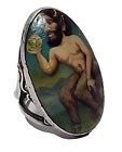 Vintage Sterling Ring _ Hand Made Painted Intricate Devil On Abalone Stone JDr