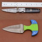 Lot Of 2 Handmade Damascus Steel Folding Knife And Hunting Knife Wood Handle