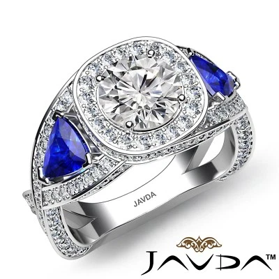Anillo de compromiso de diamantes redondos triángulo zafiro lateral halo de 2,91 quilates GIA D-VVS2 Foto 1 de 4