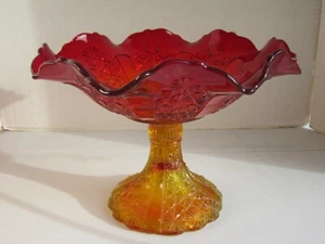 VTG HUGE Amberina Red Yellow Glass Compote Ruffle Top Daisy and Button Two Tone - Picture 1 of 7