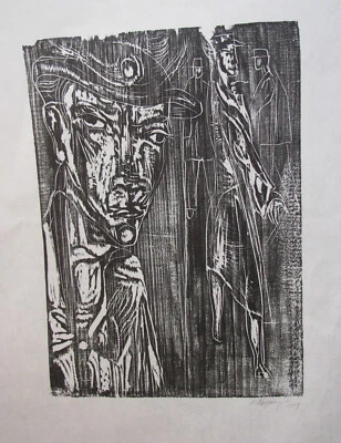 ERNST WOLFHAGEN 1907 - 1992 .  Holzschnitt 1959 "  FRAU AUF DER STRASSE "   . - Bild 1 von 4