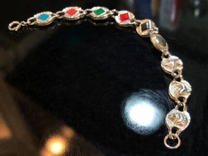 VTG 70s Silver Tone Reversible Station Link Bracelet Sea/Ocean Motif/Multicolor - Picture 1 of 7