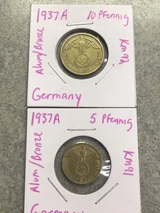 Two 1937A German Coins - 5 And 10 Pfennig - Picture 1 of 5