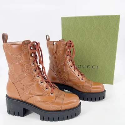Gucci Botín Cuero Marrón Coñac Acolchado GG Logo Combate Moto Talla EU 39.5 Foto 1 de 4