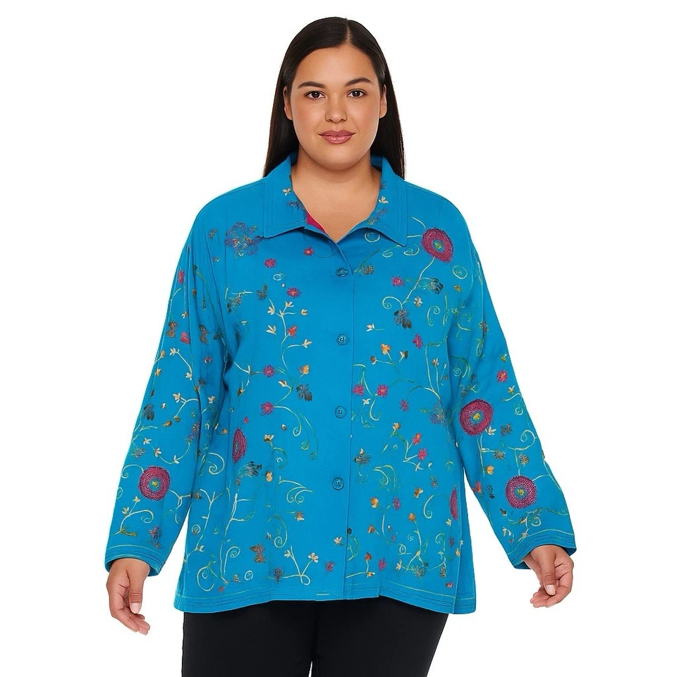 Beaded Button-Down Jacket – Y2K Art-to-Wear Style, Quacker Factory, Size 2X  - Image 1 of 4