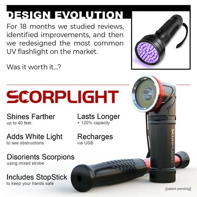 SCORPLIGHT UV Flashlight, white + UV Output, Rechargeable Black Light, Find Scorpions/Urine