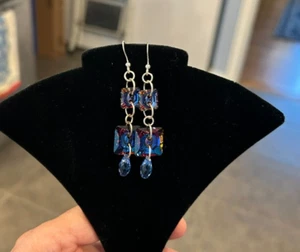Beautiful Dangly Ear Rings, Made with Swarovski Crystal Buttons, Meridian Blue - Picture 1 of 3
