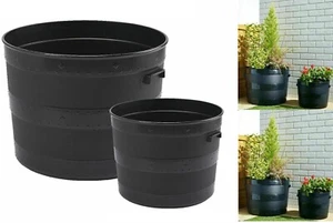 Handle Barrel Plant Planter Tub Garden Flower Herb Pot Container Black 35 / 50cm - Picture 1 of 27