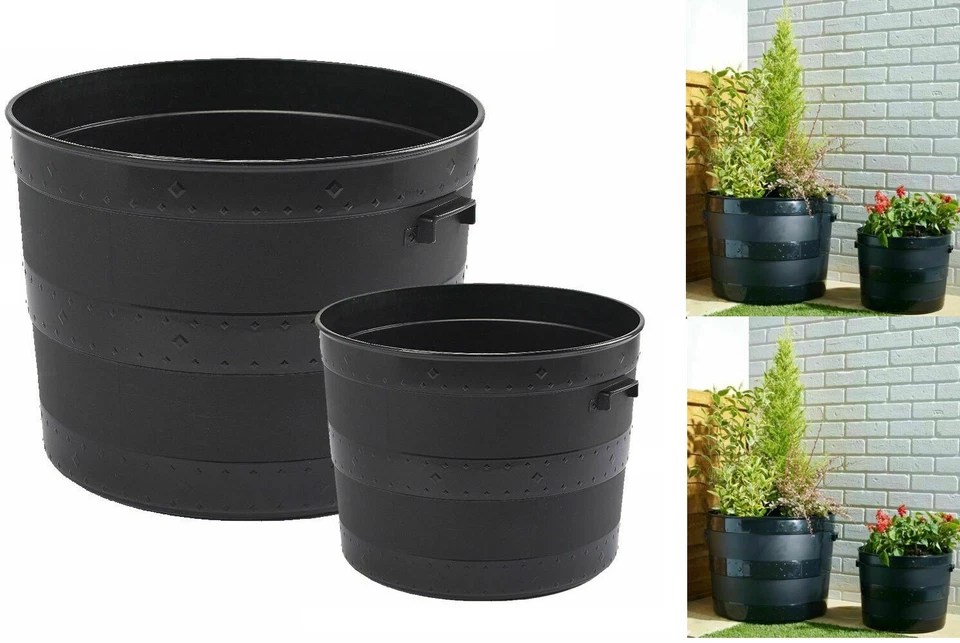 Handle Barrel Plant Planter Tub Garden Flower Herb Pot Container Black 35 / 50cm