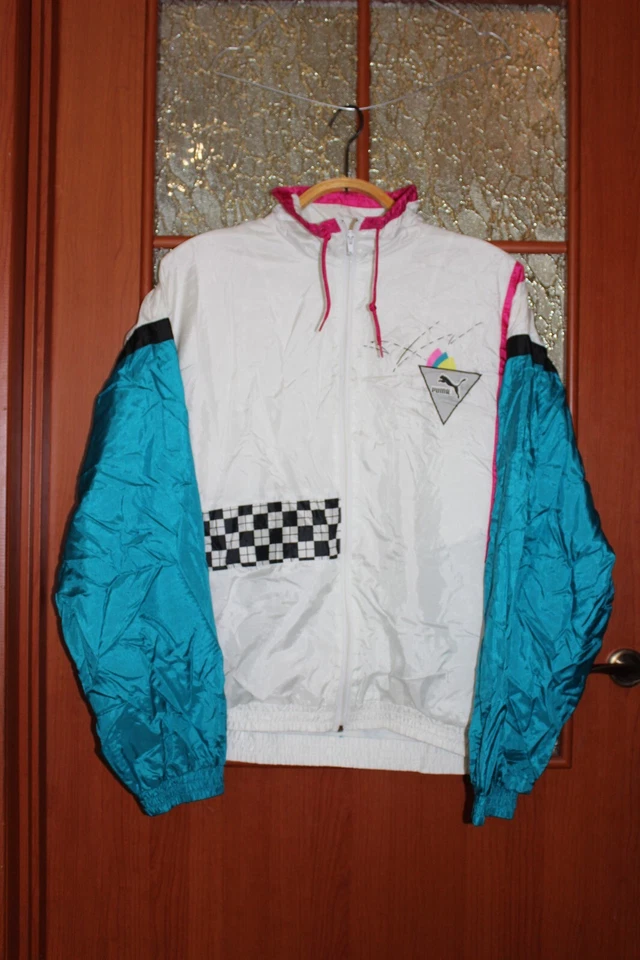 Chaqueta Puma vintage de los años 90 blanca/rosa/verde de nailon para correr gimnasio - talla 8 Foto 1 de 4