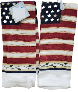 2 Same Kitchen Towels(15"x25")PATRIOTIC USA FLAG LEAVES GOD FAMILY COUNTRY #2,HC - Picture 1 of 7