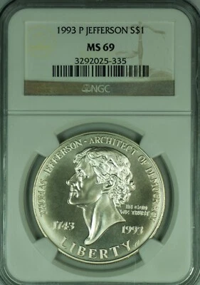 1993 Thomas Jefferson Commemorative Silver $1 Dollar NGC MS 69 (49) - Image 1 of 2