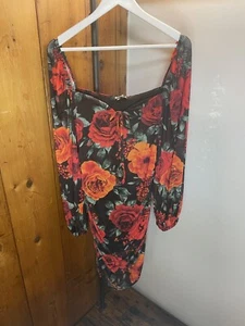 Misguided Sheer Mesh Long Sleeve Rose Print Stretch Midi Dress US 12 NWT - Picture 1 of 9