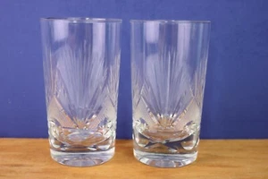 Cut Crystal 2 Glass Tumblers Crosshatch Fan Thumbprint 4 1/2 " Bohemia ? - Picture 1 of 10