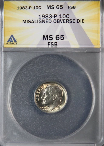 1983-P ROOSEVELT DIME ANACS MS65 FSB  Only 13 known to exist FB in any grade Cover