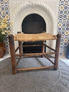 Vintage Oak Footstool Stool Ottoman With Trapezoid Woven Rush Top Handmade - Picture 1 of 13