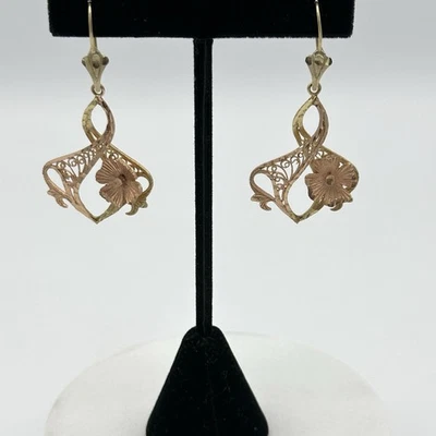 14K Yellow and Rose Gold Filligree Floral Dangle Earrings 6.69gr - Image 1 of 3