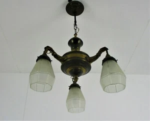 Gothic Brass Dragon Heads 3 Arms Lights Chandelier Lamp Art Deco Glass Shades - Picture 1 of 8