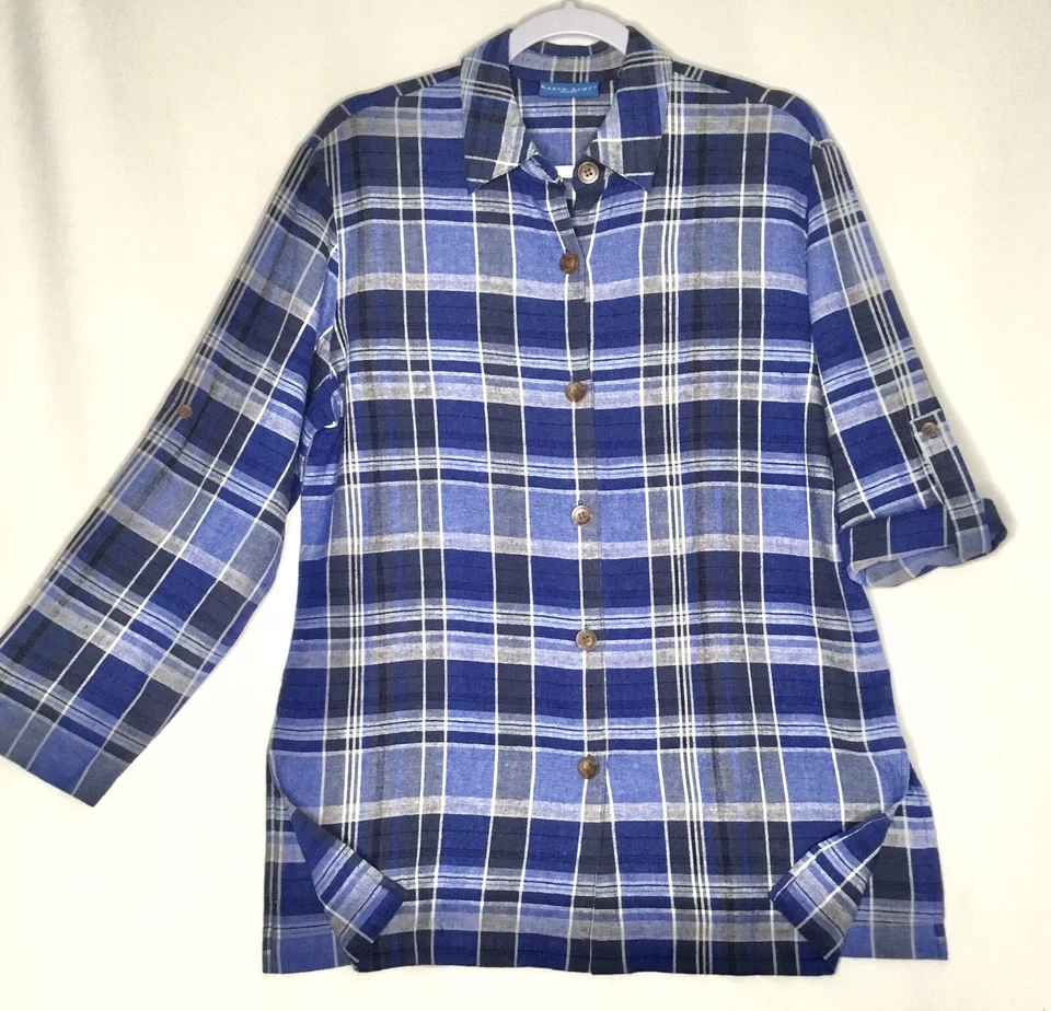 Camisa Karen Scott Sport azul xadrez mistura de linho botão frontal - Imagem 1 de 4