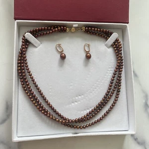 GENUINE PEARL NECKLACE & EARRINGS SET TRIPLE STRAND 14K GOLD CHOCOLATE BRONZE - Picture 1 of 4