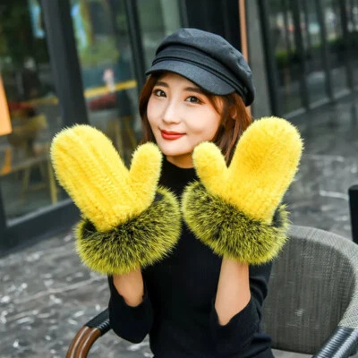 Luvas femininas quentes de pele de vison reais luvas de pulso de malha + pulseira de pele de raposa real - Imagem 1 de 4