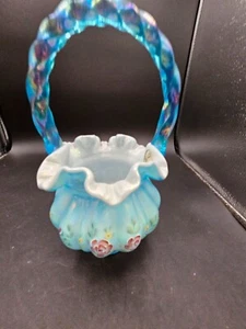 VTG. Fenton Hand Painted Blue Carnival Overlay Melon Basket Signed Bill Fenton - Picture 1 of 7