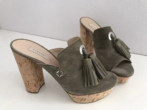 Casadei Size 11 Suede Tassel Cork Mules Platform Olive Green - Picture 1 of 7