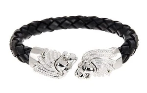 BLACKJACK Cubic Zirconia Silver Tone Lion Head Black Leather Cuff Bracelet - Picture 1 of 4