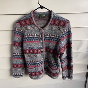 Geiger Sz 36 Button Up Knit Jacket Cardigan Blue Grey Wool Blend Pockets Logo - Picture 1 of 11