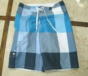 NEW MEN'S MOSSIMO SHADES OF BLUES PLAID BOARD SHORTS Small Size 28 - Imagen 1 de 5