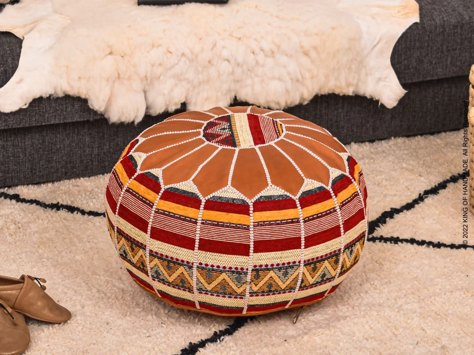 🌟 Puf boho de cuero reposapiés otomano - Decoración única del hogar para sala de estar 🌟 Foto 1 de 4