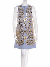 $8995 New DOLCE & GABBANA Virgin Wool Blue Dress Laser Cut Leather Appliqu 42 44