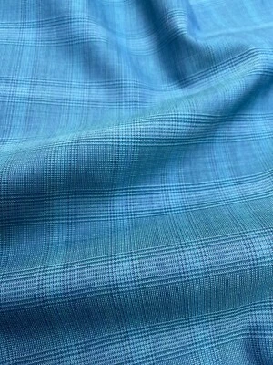 Wool Plaid Suiting Fabric Aqua Blue Teal Check Summertime Stretch Cloth 3.50m - Image 1 of 4