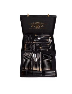 Besteckset A.M.C. Edelstahl Gold gearbeitet 72 Stück mit hochwertigem Koffer - Bild 1 von 3