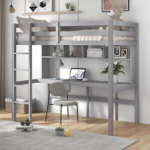 Qualler Loft Bed Twin Size Desk Storage Fixed Ladder Shelves Durable Wood Gray